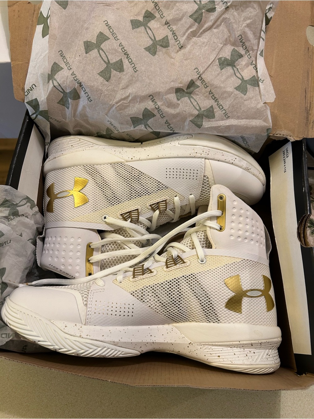 Under Armour White & Gold Mid-Top Basketball Sneakers